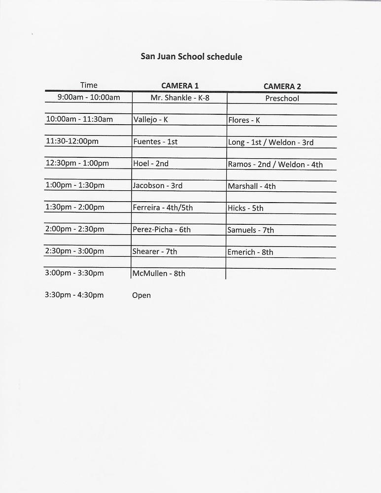 Picture Day Schedule - Oct. 29, 2020