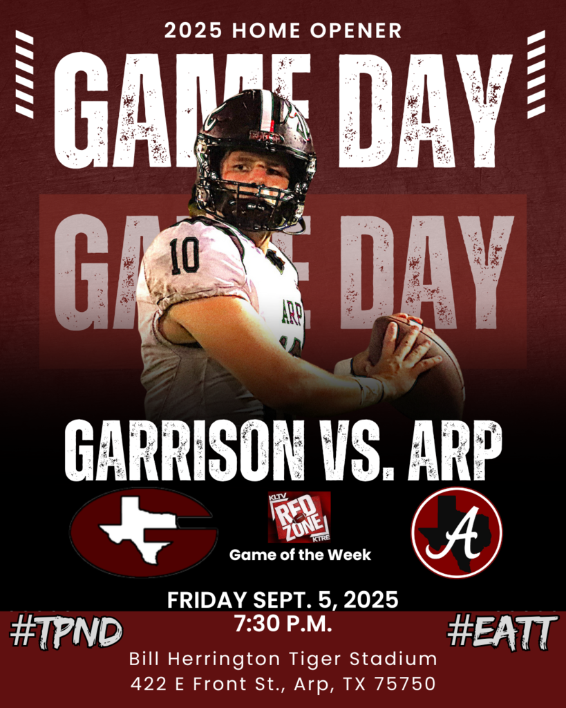Arp vs. Garrison football Friday Sept. 5 at 7:30pm at home.