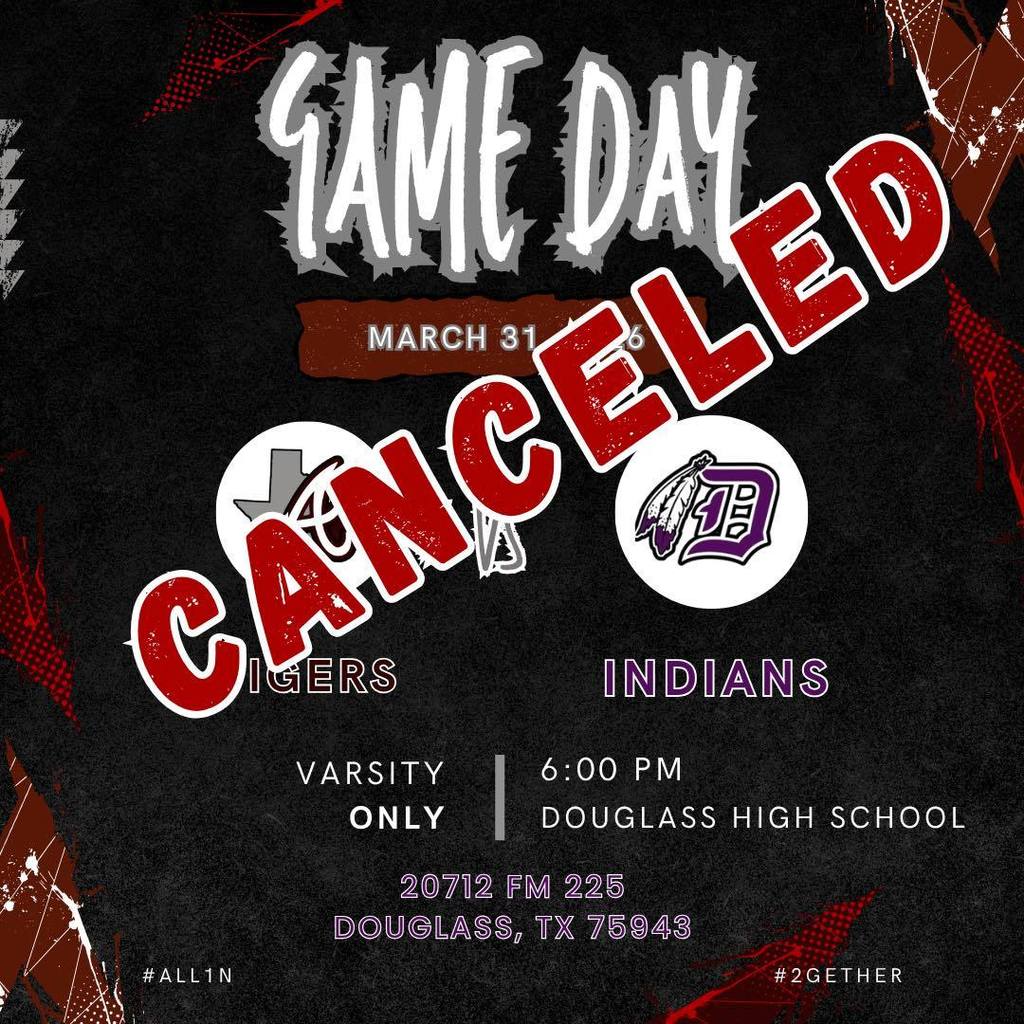 Arp HS baseball game at Douglass Tuesday, March 31, 2026 canceled