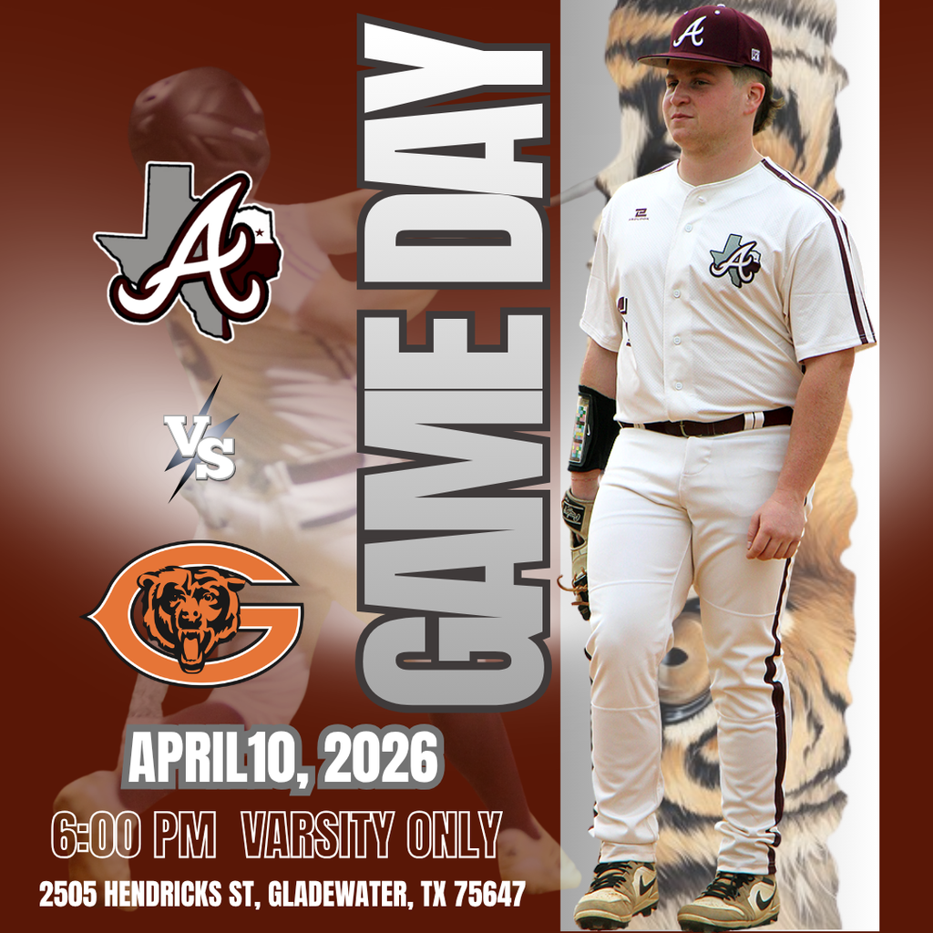 Arp H.S. varsity baseball at Gladewater Friday, April 10, 2026 at 6:00 p.m.