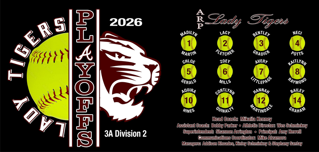 Arp H.S. Softball 2026 playoff T-shirt image - Order by Friday, April 17