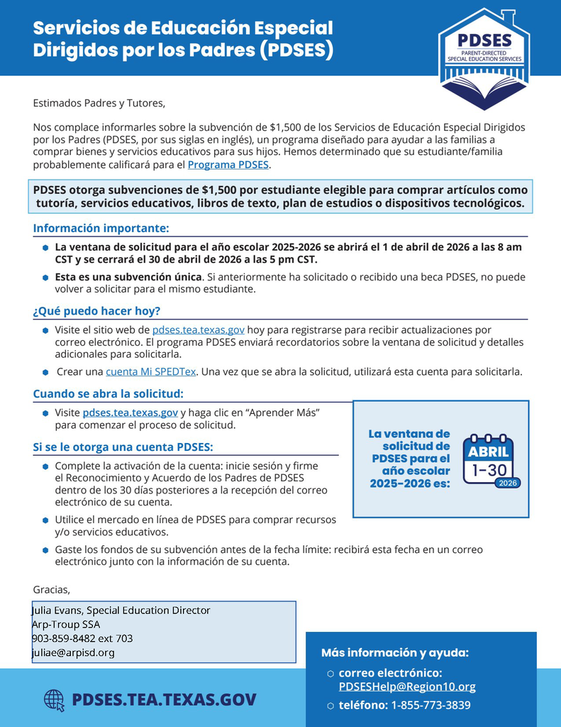 Parent Directed Special Education Services $1,500 grant information_Spanish