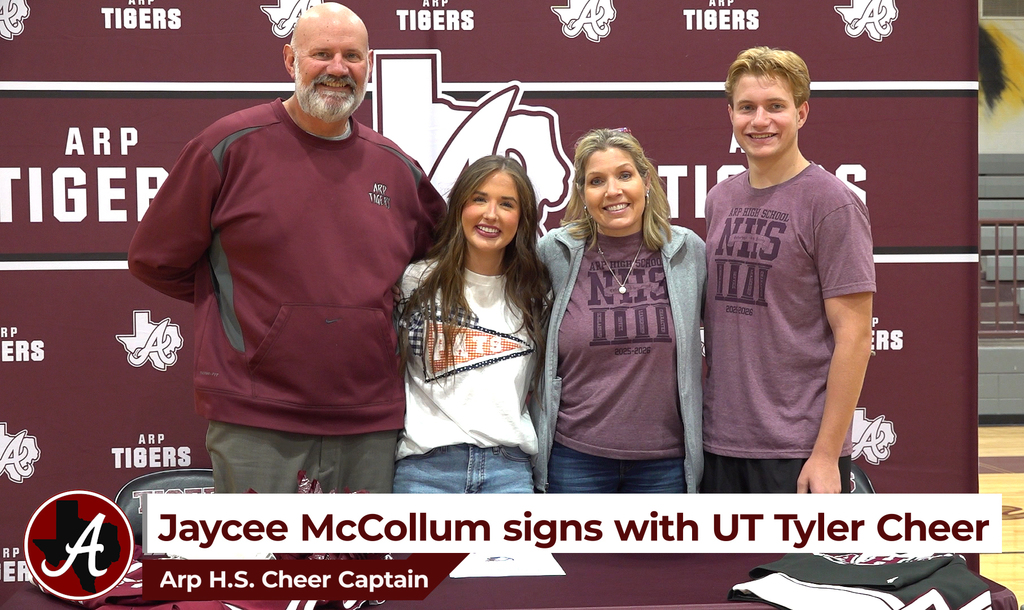 Arp H.S. senior Cheer Captain Jaycee McCollum signs with UT Tyler Cheer on Tuesday, April 7, 2026.