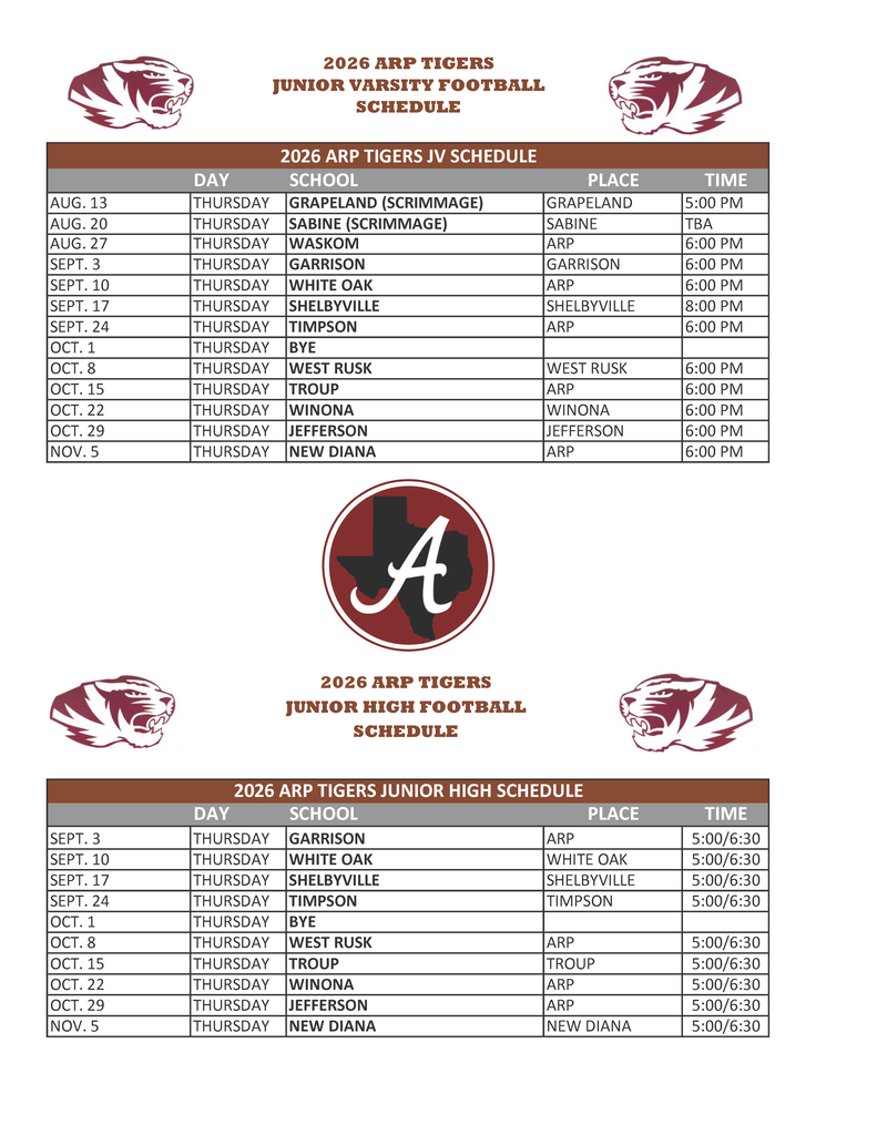 2026 Arp H.S. JV & Jr. High football schedules