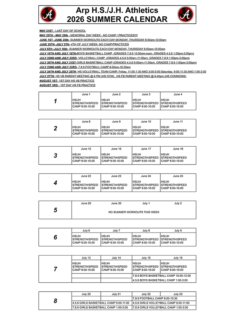2026 Arp HS/JH Athletics summer calendar & 4th-9th grade sports camps