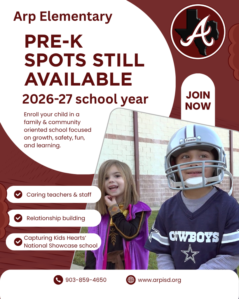 Arp Elementary Pre-K spots still available for the 2026-27 school year.