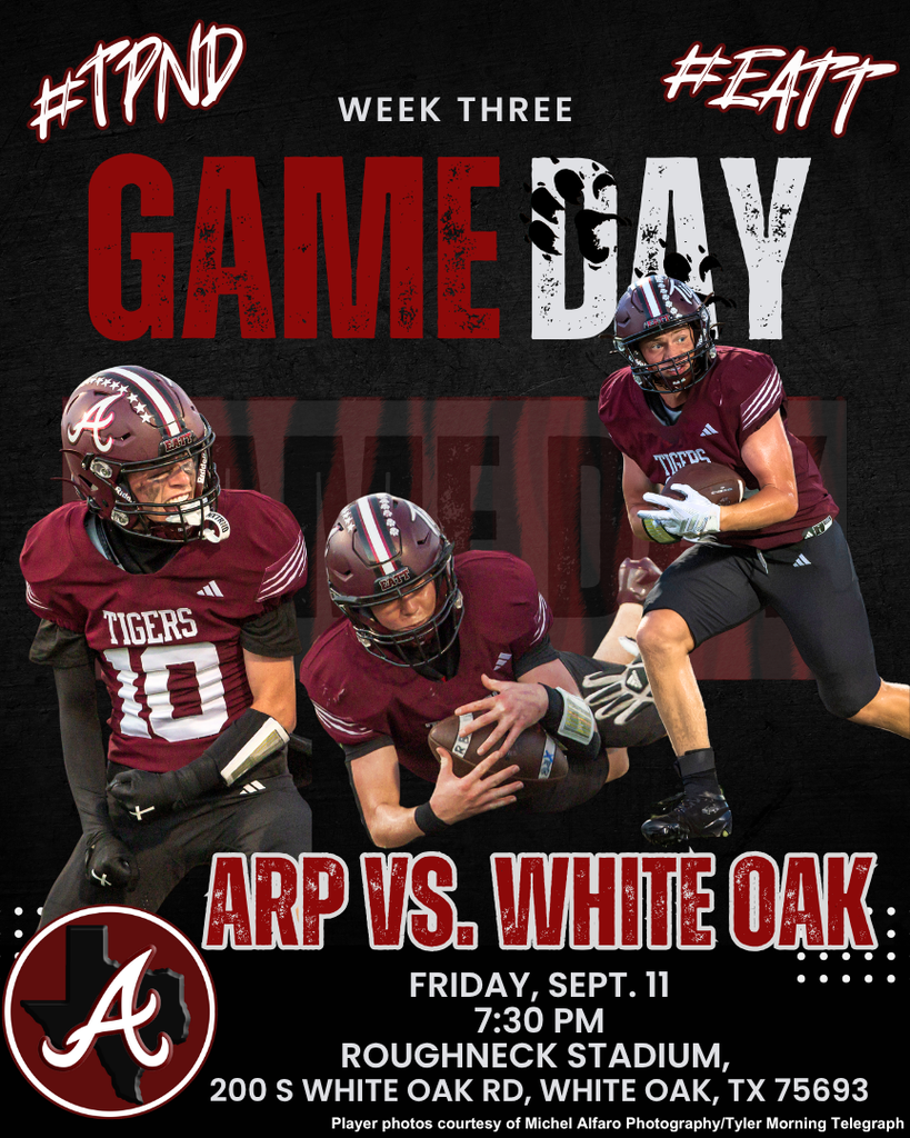 Arp H.S. football at White Oak Friday, Sept. 11, 2026 at 7:30pm