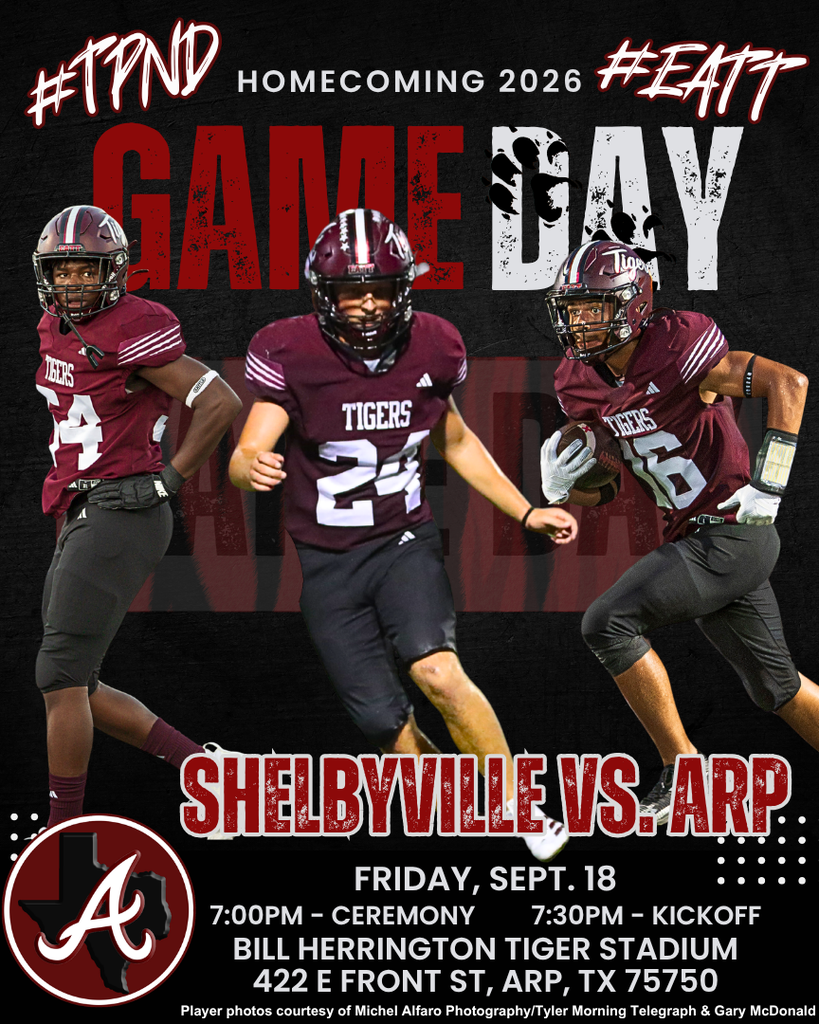 Arp H.S. football game day vs. Shelbyville for homecoming Friday, Sept. 18, 2026