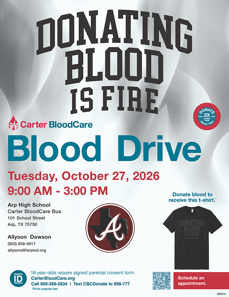 Arp H.S. blood drive on Tuesday, Oct. 27, 2026