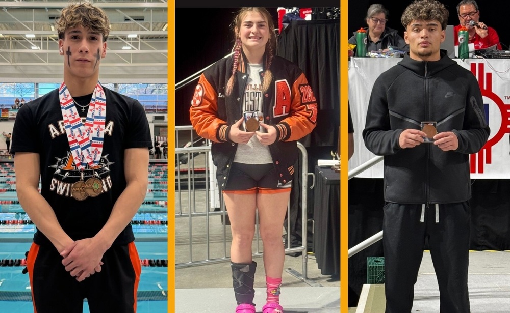 A combined image shows a male teen wearing two bronze medals around his neck while standing in front of a pool, a female teen holding a medal and smiling, and a male teen holding a medal with a somber expression on his face.
