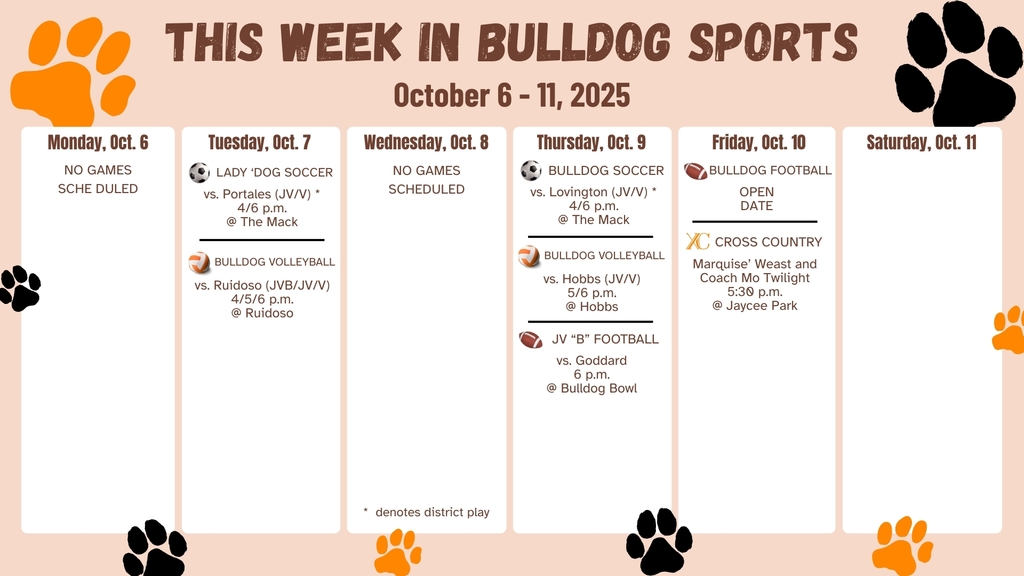 A graphic with orange and black paw prints details AHS sporting events for the week of Oct. 6-11.