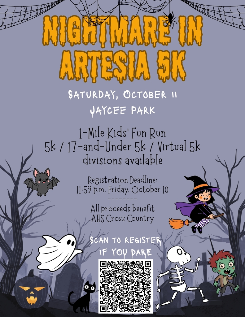 A graphic featuring a bat, ghost, witch, skeleton, and zombie running through a graveyard contains a QR code to register for the Nightmare in Artesia 5k.