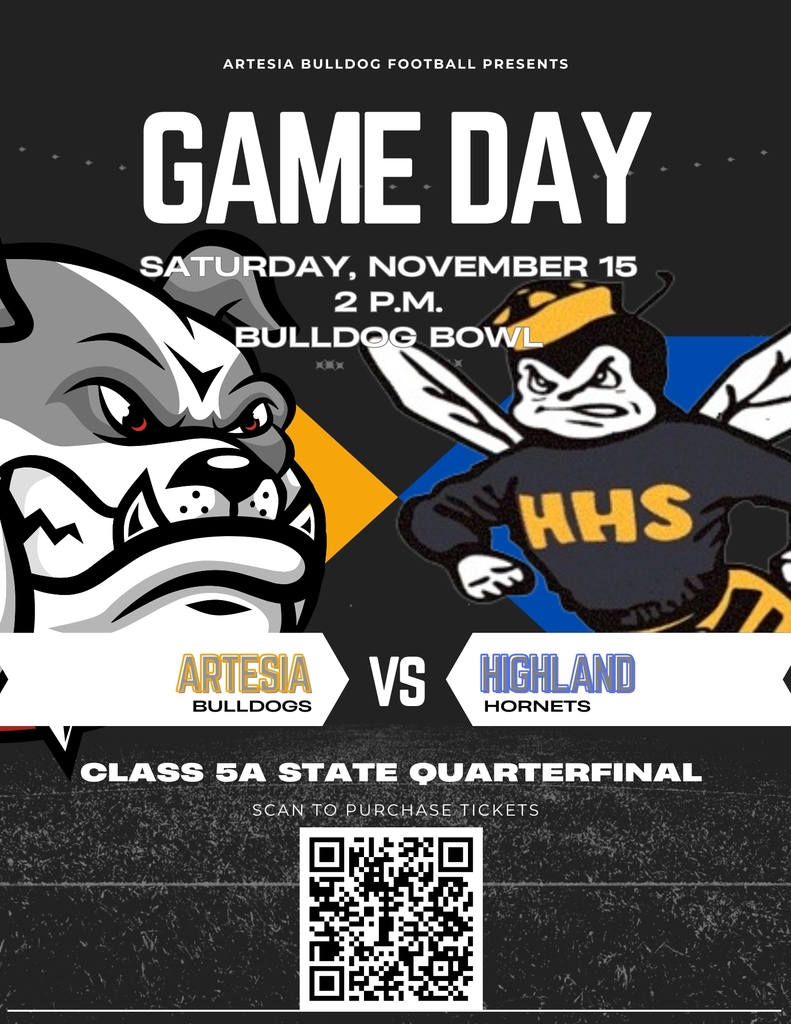 A graphic featuring a Bulldog and a Hornet includes a QR code for ticket purchases for Saturday's football playoff at Bulldog Bowl.