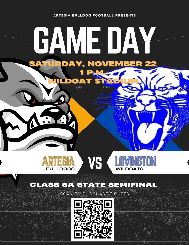 A graphic featuring a Bulldog and a Wildcat details that Saturday's Class 5A State Semifinal will be played at 1 p.m. at Wildcat Stadium and includes a QR code to scan for ticket purchasing.
