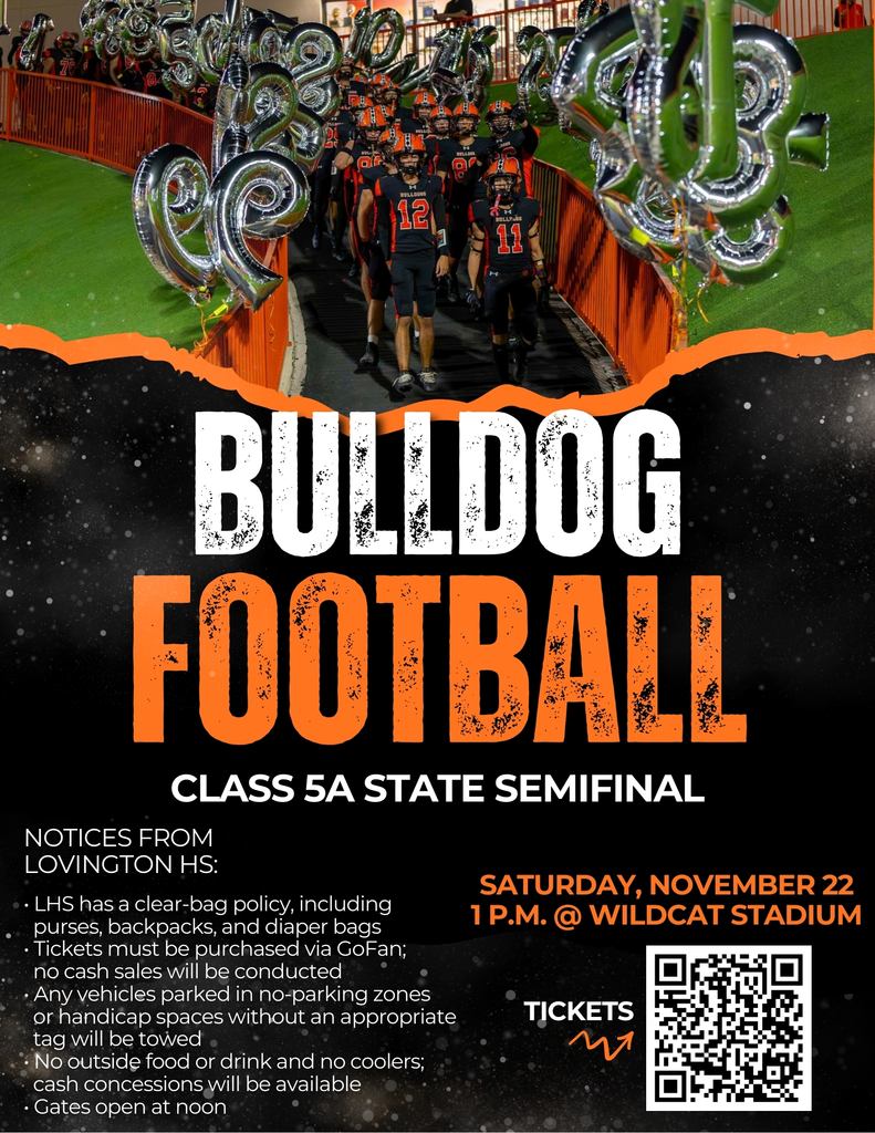 A graphic details policies from Lovington High School, including a clear-bag policy and the fact that gates Saturday will open at noon, along with a QR code to scan for ticketing.