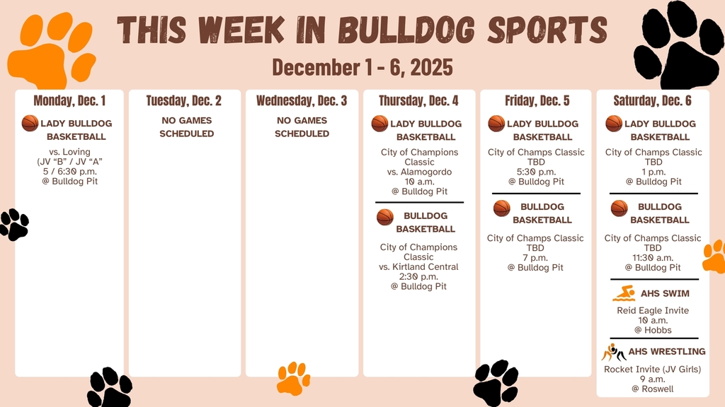 A calendar decorated with orange and black paw prints details AHS sporting events for the week of Dec. 1-6.