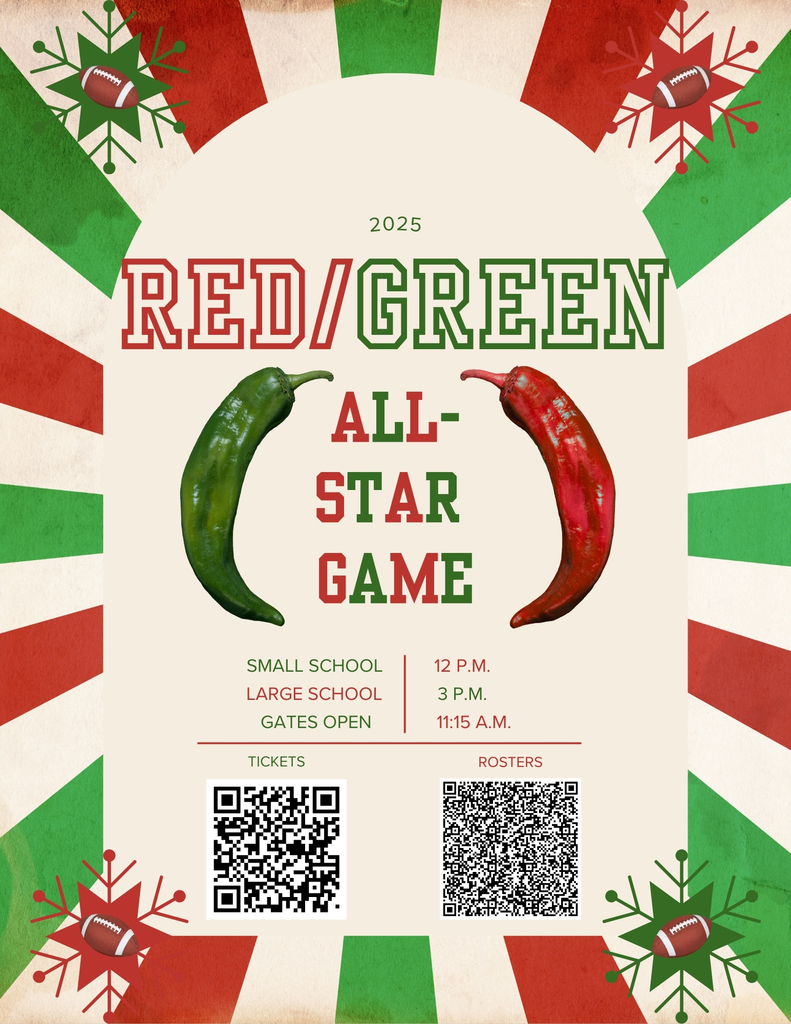 A flyer featuring a green chile and a red chile gives game times for the Red-Green All-Star Games and QR codes to scan for tickets and rosters.