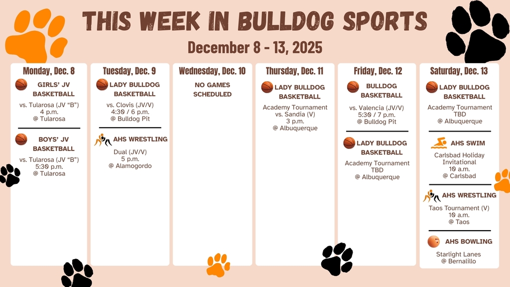 A calendar featuring orange and black paw prints details AHS sporting events for the week of Dec. 8-13.