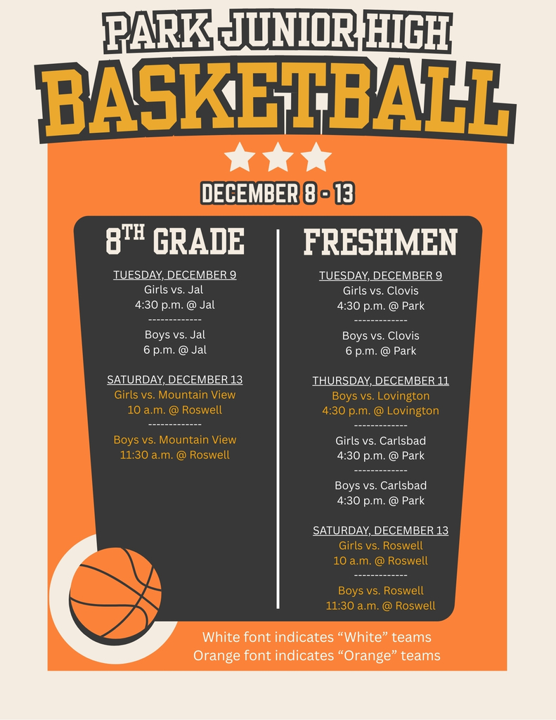 A basketball graphic lists Park Junior High School basketball games for the week of Dec. 8-13.