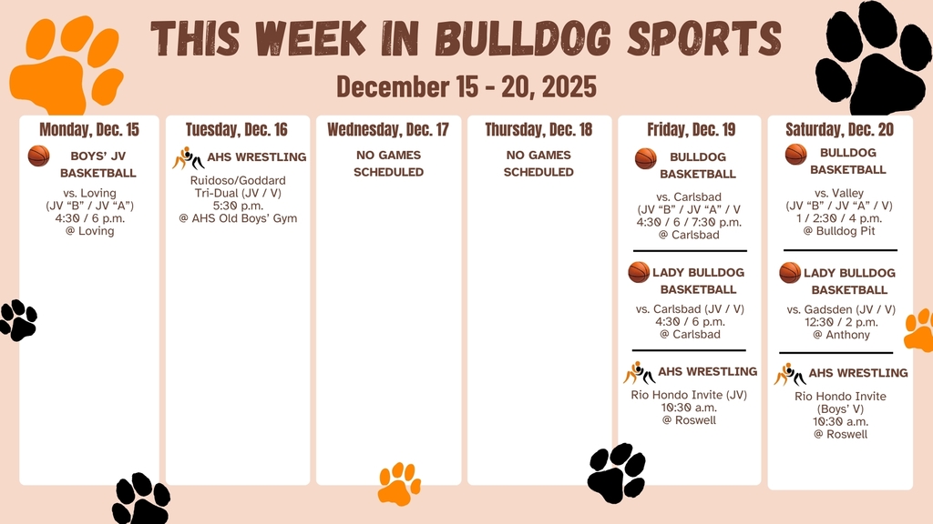 A calendar decorated with orange and black paw prints details AHS sporting events for the week of Dec. 15-20.