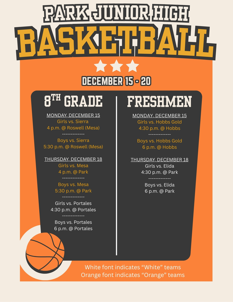 A calendar details Park Junior High School basketball games for the week of Dec. 15-20.