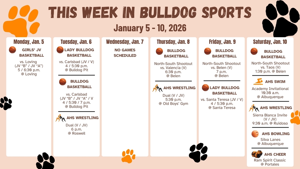 A calendar featuring orange and black paw prints details AHS sporting events for the week of Jan. 5-10.
