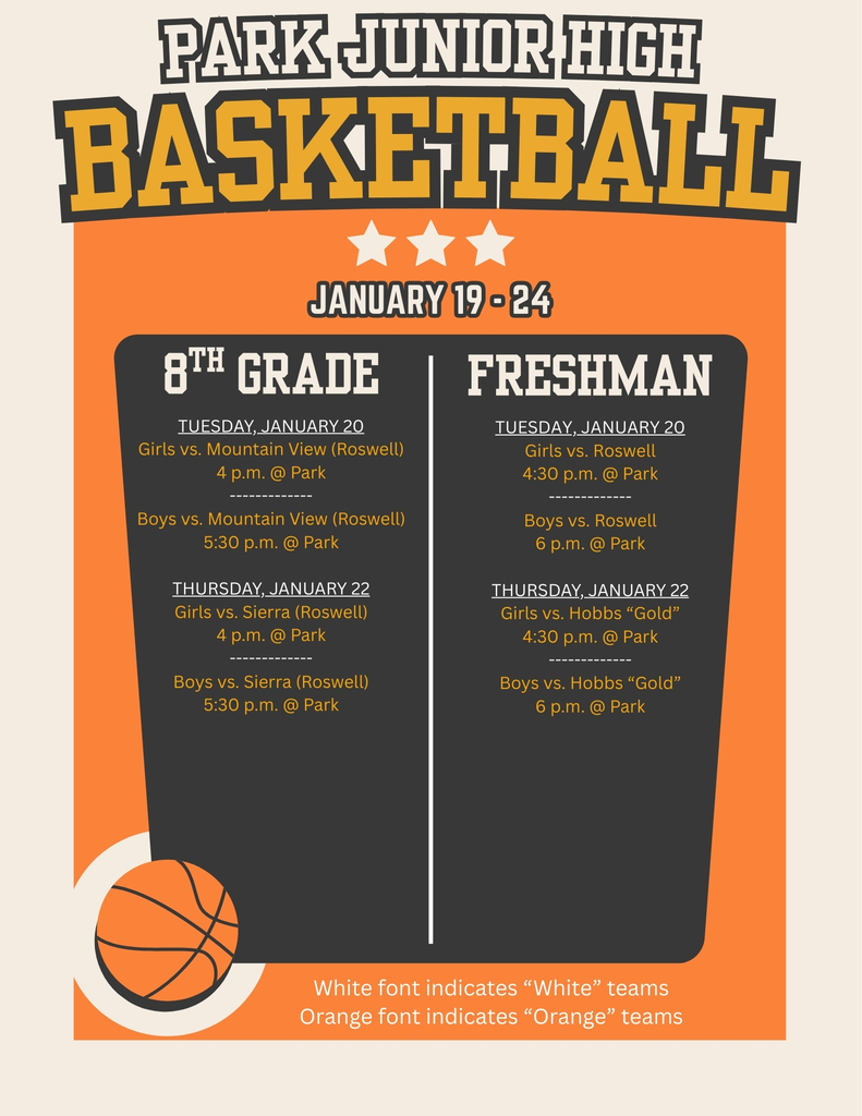 A calendar details Park Junior High School basketball games for the week of Jan. 19-24.