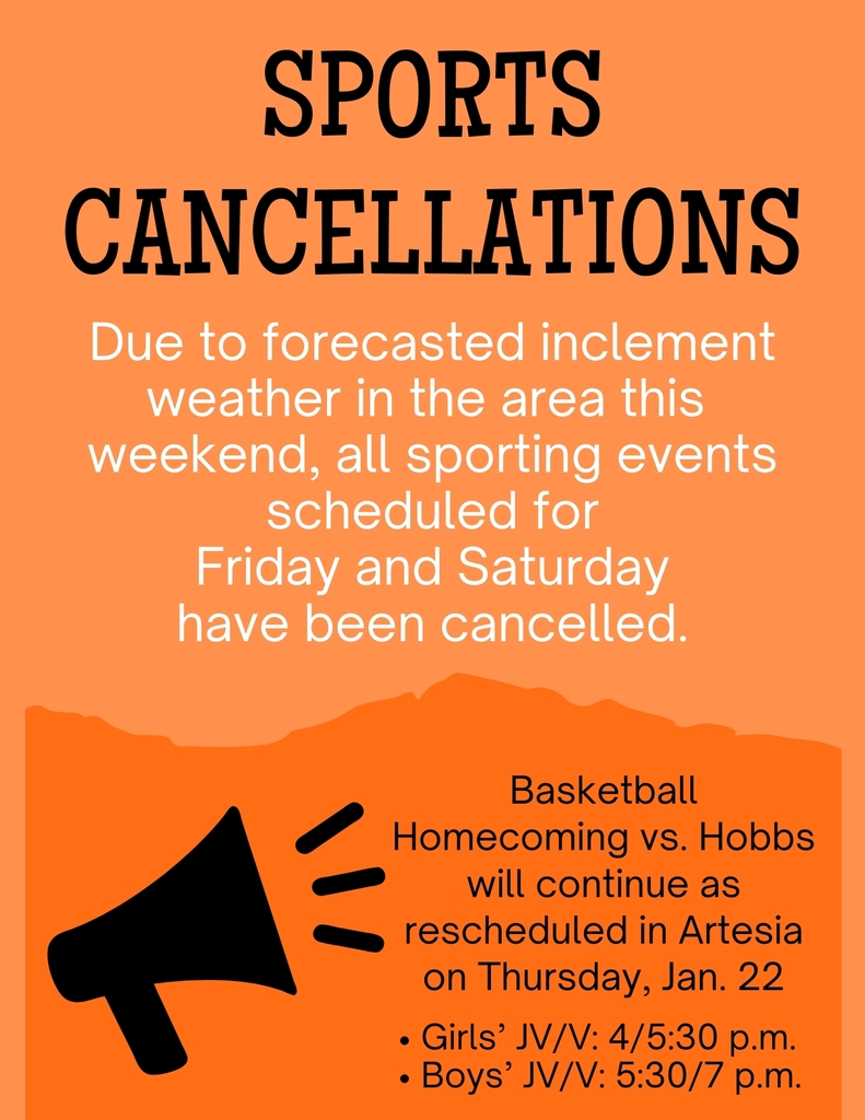 An orange graphic featuring a black megaphone details sports cancellations for the weekend due to inclement weather.