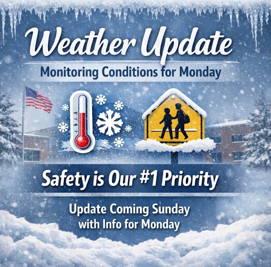 A graphic featuring snow details that the Artesia Public Schools will be monitoring weather conditions for Monday and providing additional info on Sunday.