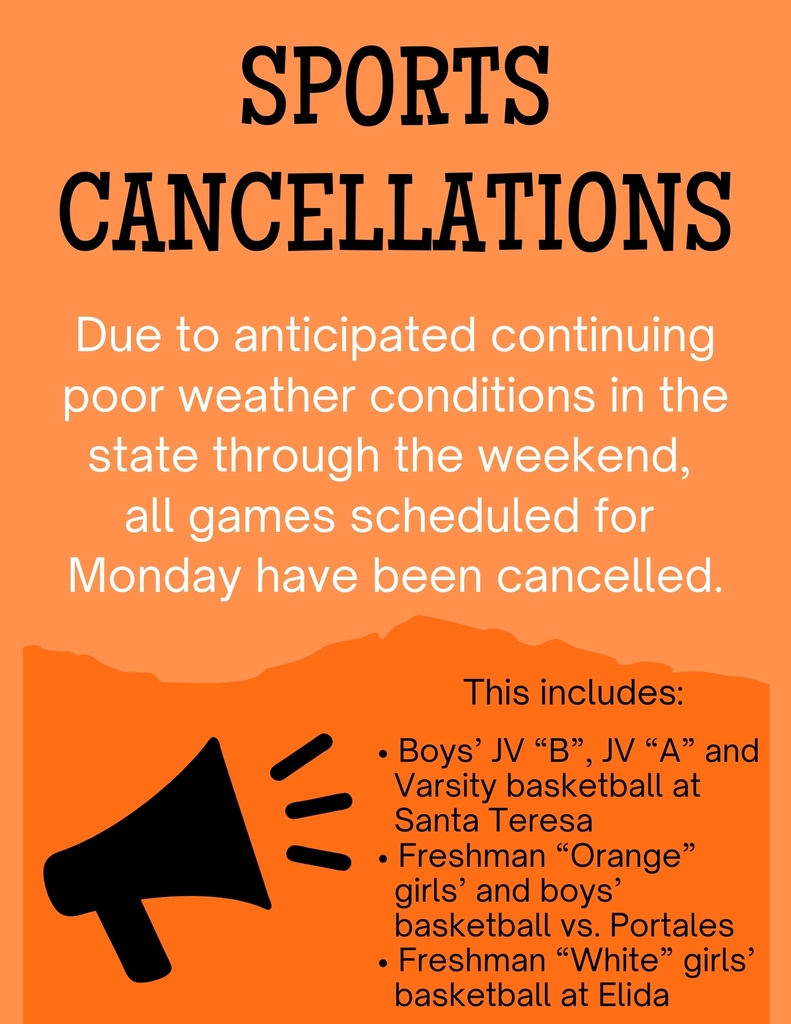 An orange graphic featuring a megaphone details that boys' high school basketball and freshman basketball scheduled for Monday, Jan. 26, have been cancelled due to weather.