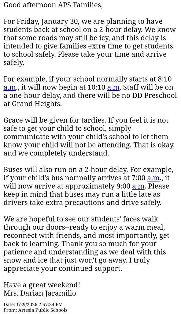 A graphic details information on a return to classes with a two-hour delay for Friday, Jan. 30.