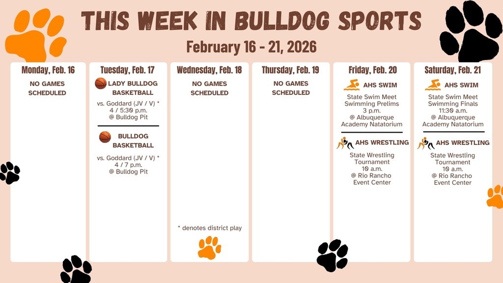 A calendar featuring orange and black paw prints details AHS sporting events for the week of Feb. 16-21.