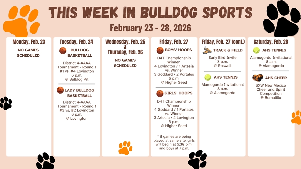 A calendar featuring orange and black paw prints details AHS sporting events for the week of Feb. 23-28.