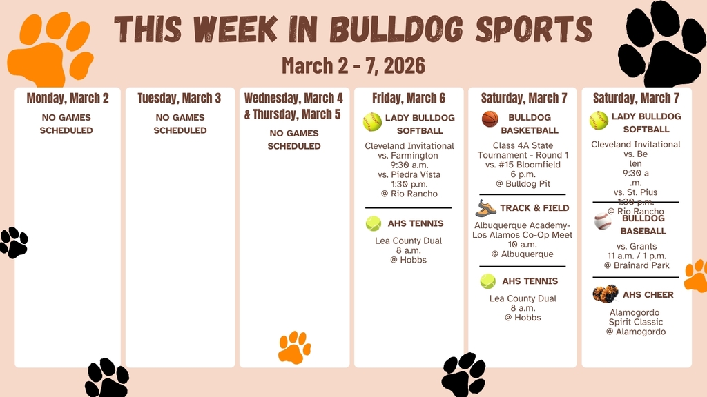 A calendar featuring orange and black paw prints details AHS sporting events for the week of March 2-7.