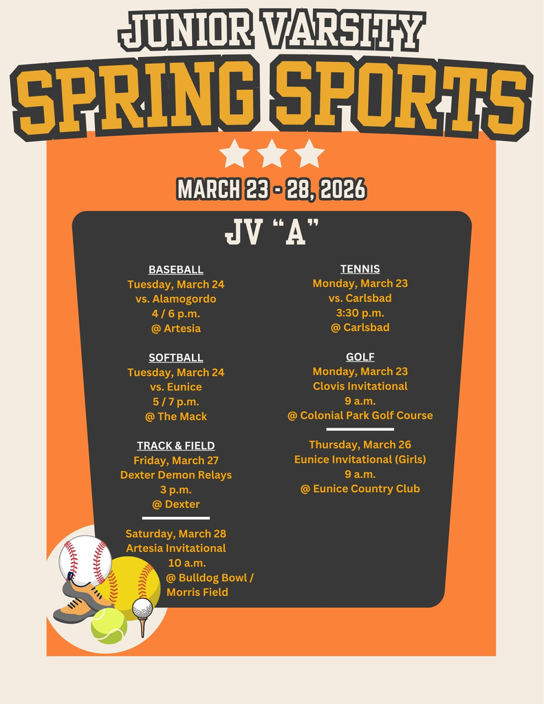 A black and orange calendar featuring spring sports balls details AHS junior varsity sporting events for the week of March 23-28.