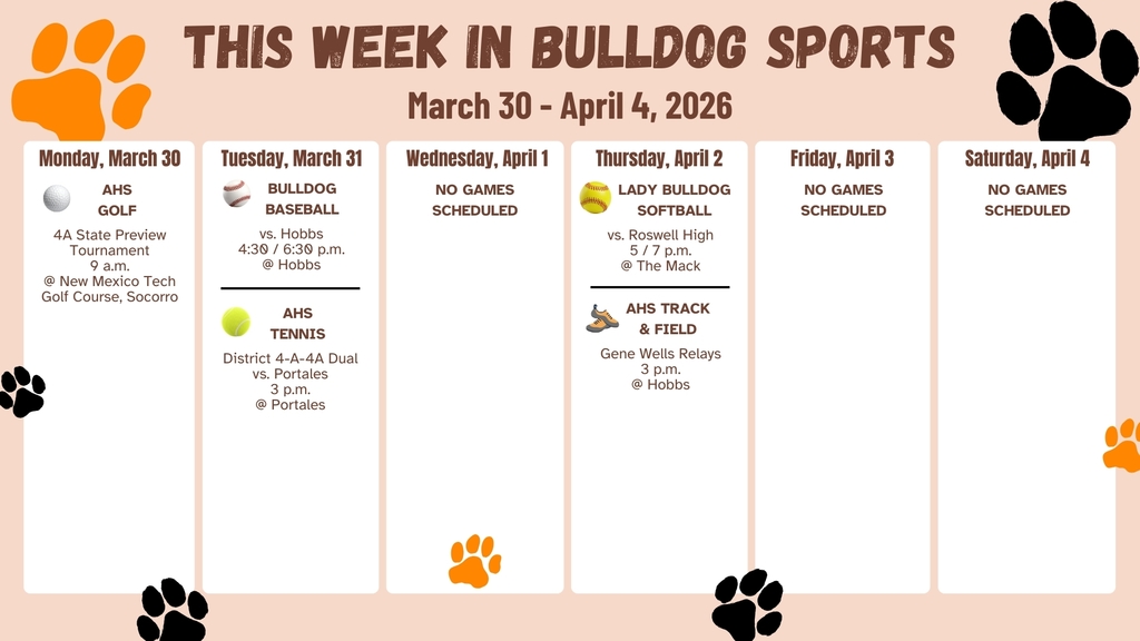 A calendar featuring orange and black paw prints details AHS sporting events for the week of March 30 - April 4.