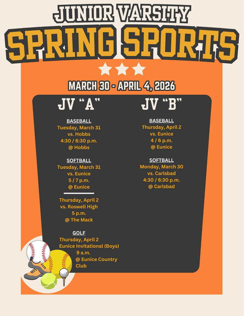 An orange and black calendar featuring spring sports balls details AHS junior varsity sporting events for the week of March 30 - April 4.