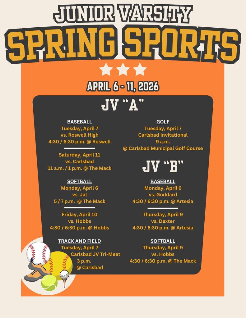 An orange and black calendar featuring spring sports balls details AHS junior varsity sporting events for the week of April 6-11.