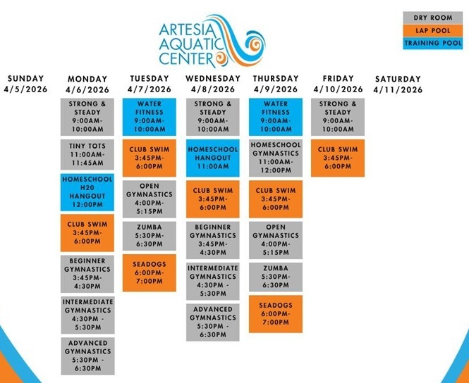 Artesia Aquatic Center schedule, April 6-11