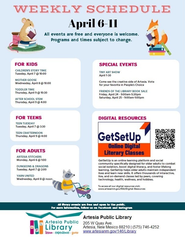 Artesia Public Library schedule, April 6-11