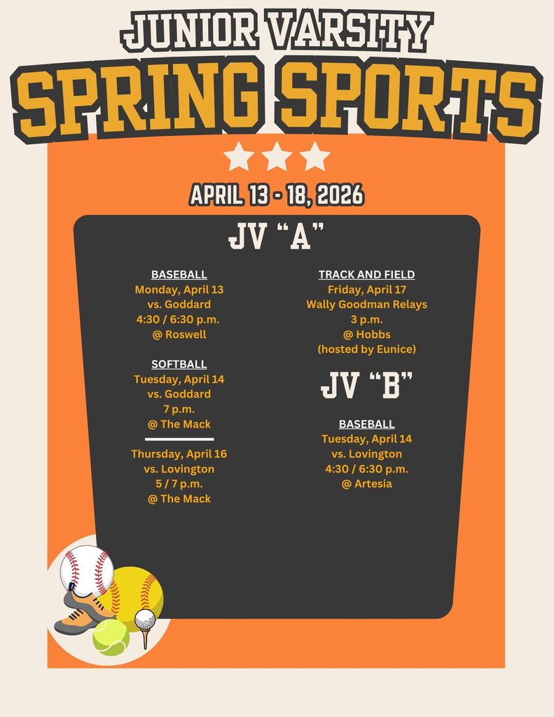 An orange and black calendar featuring spring sports balls details AHS junior varsity sporting events for the week of April 13-18.