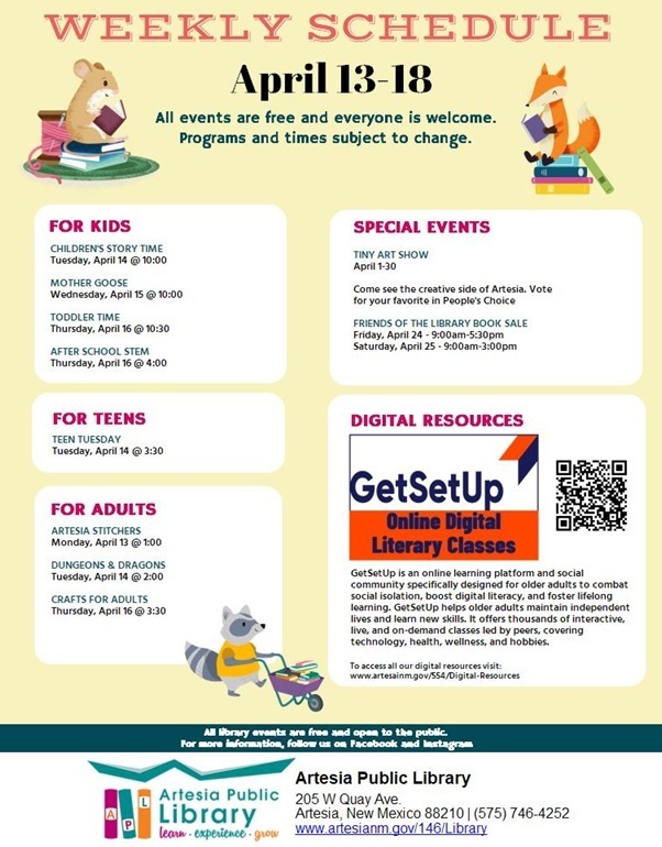 Artesia Public Library schedule, April 13-18