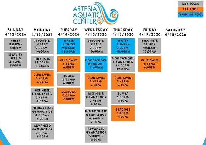 Artesia Aquatic Center schedule, April 13-18