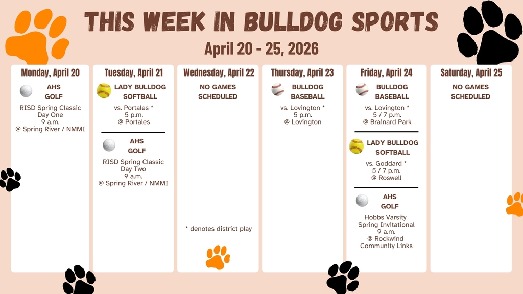 A calendar featuring orange and black paw prints details AHS sporting events for the week of April 20-25.