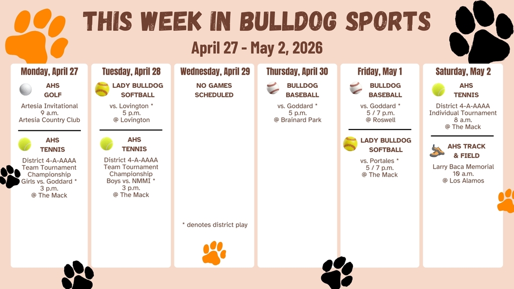 A calendar featuring orange and black paw prints details AHS sporting events for the week of April 27 - May 2.