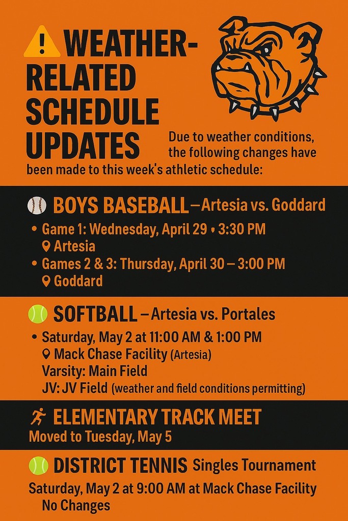 An orange and black graphic with a Bulldog details game schedule changes for the week.