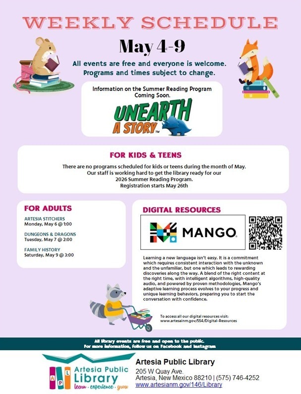 Artesia Public Library schedule for May 4-9
