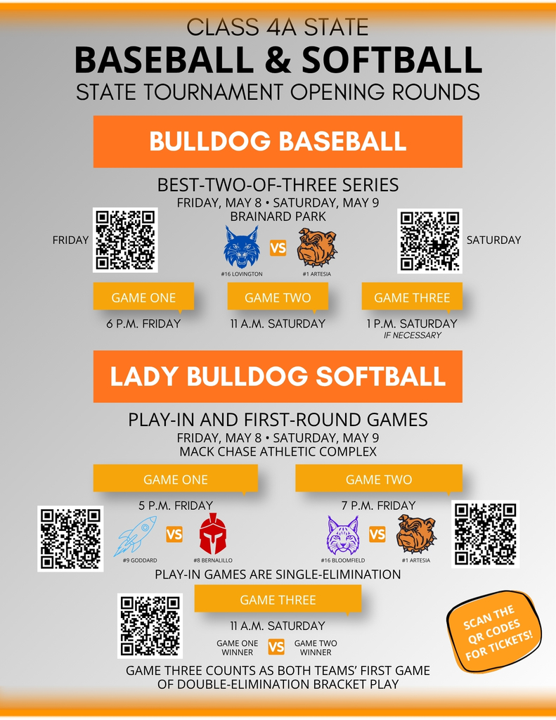 A graphic details state baseball and softball games for May 8-9 and includes QR codes for ticket purchasing.