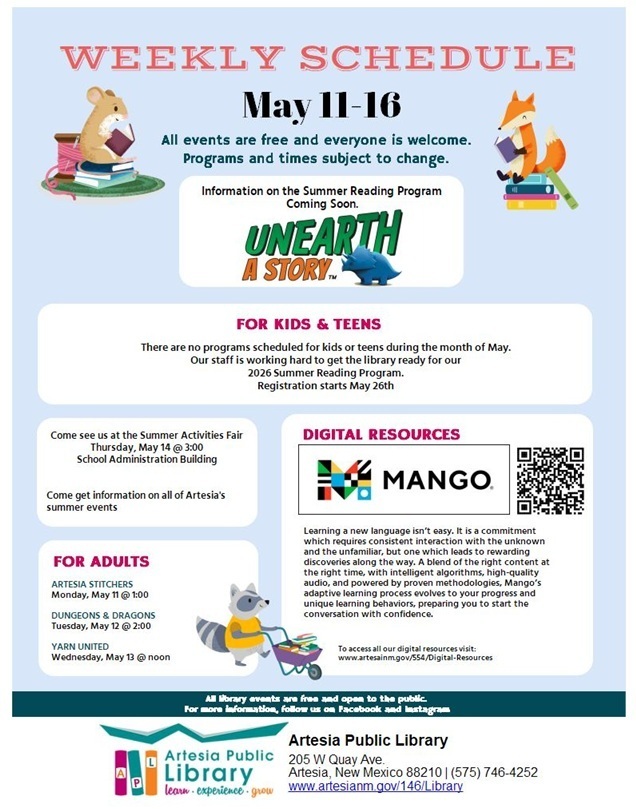 Artesia Public Library schedule for May 11-16