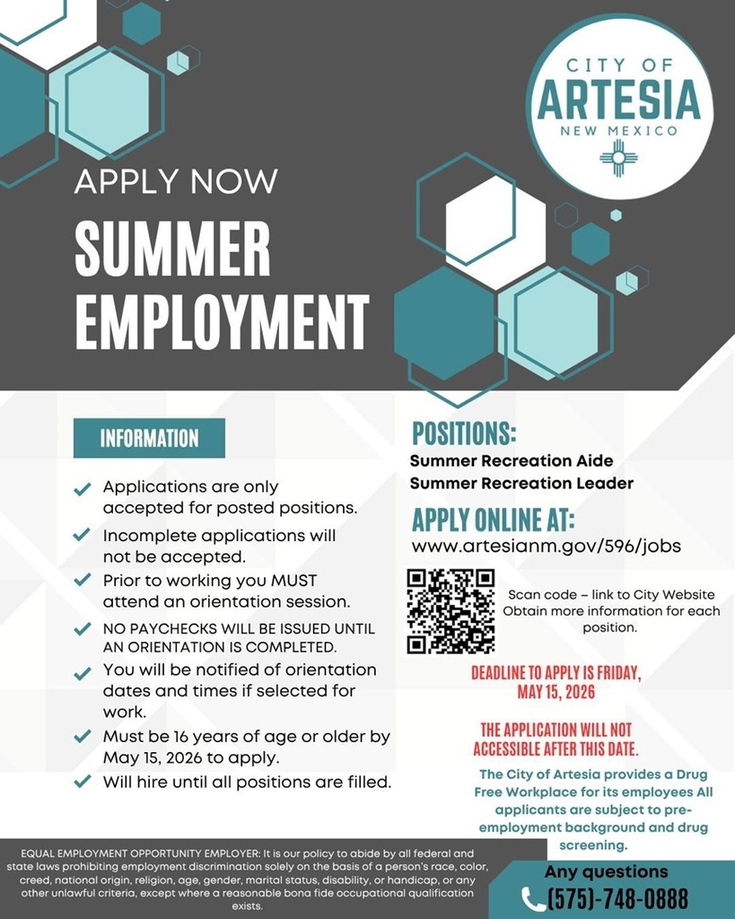 City of Artesia youth summer employment application deadline May 15